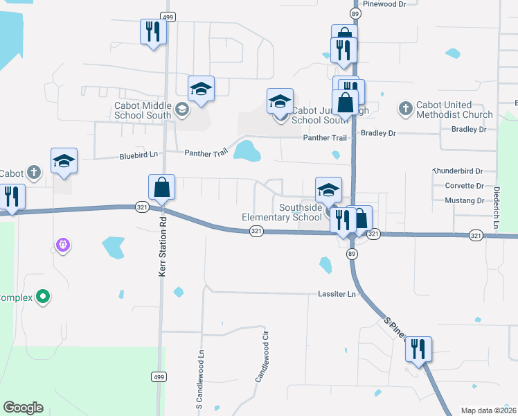 map of restaurants, bars, coffee shops, grocery stores, and more near 34 Mary Ann Circle in Cabot