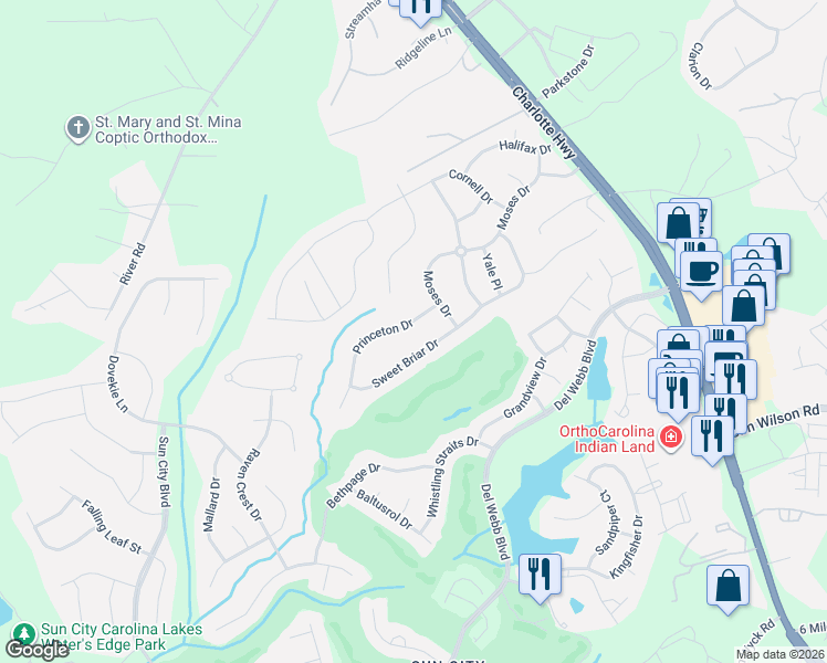 map of restaurants, bars, coffee shops, grocery stores, and more near 1035 Princeton Drive in Indian Land