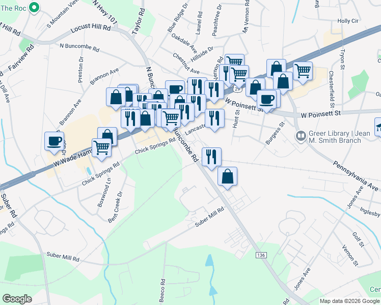 map of restaurants, bars, coffee shops, grocery stores, and more near 222 South Buncombe Road in Greer