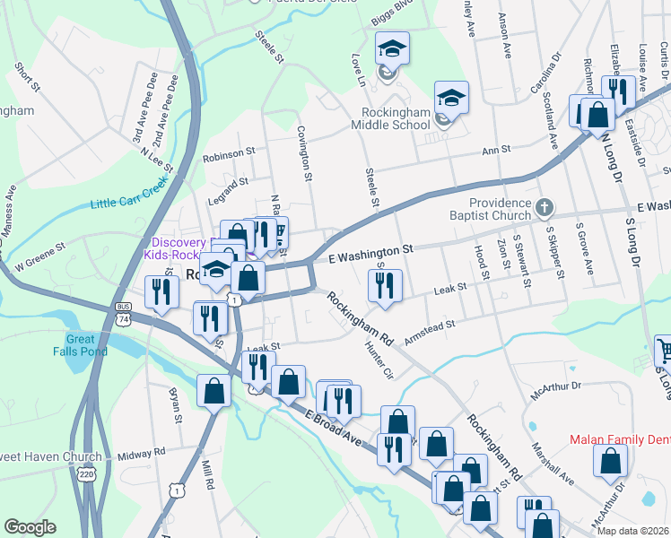map of restaurants, bars, coffee shops, grocery stores, and more near 518 East Washington Street in Rockingham