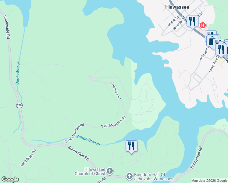 map of restaurants, bars, coffee shops, grocery stores, and more near 156 Brer Fox Ridge Road in Hiawassee