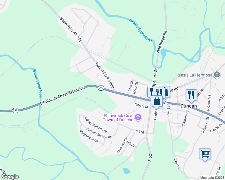 map of restaurants, bars, coffee shops, grocery stores, and more near 101 Gap Creek Road in Duncan