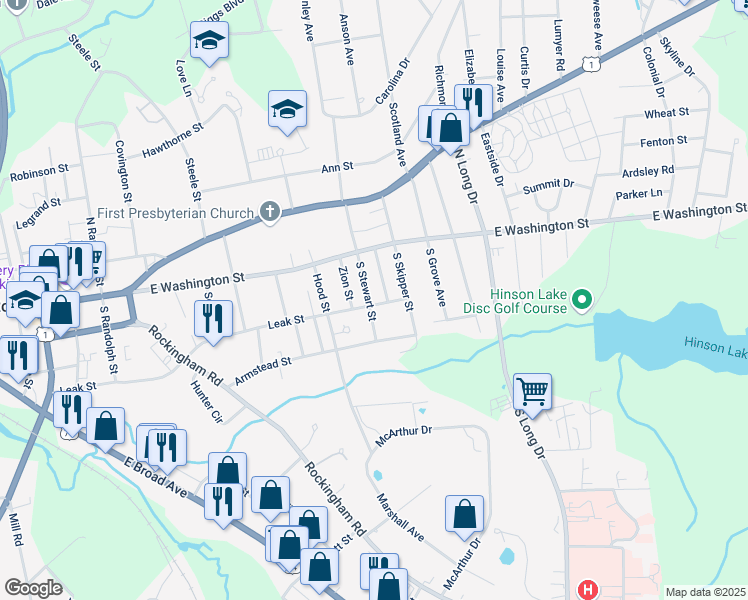 map of restaurants, bars, coffee shops, grocery stores, and more near 1101 Leak Street in Rockingham