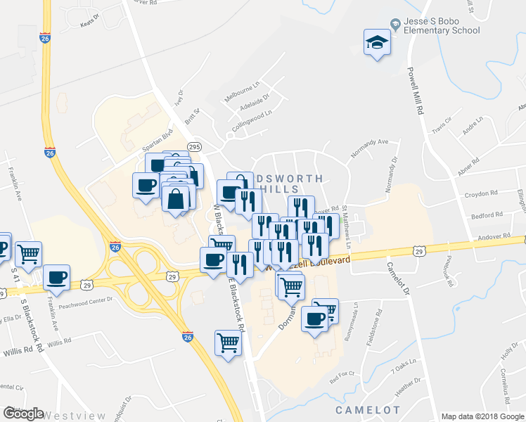 map of restaurants, bars, coffee shops, grocery stores, and more near 205 Quartermaster Road in Spartanburg