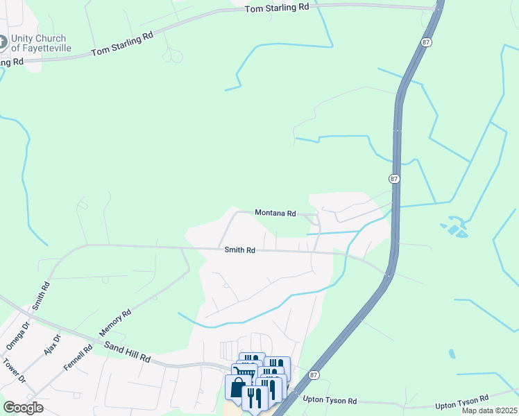 map of restaurants, bars, coffee shops, grocery stores, and more near 2111 Montana Road in Hope Mills