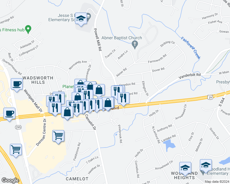 map of restaurants, bars, coffee shops, grocery stores, and more near 125 Powell Mill Road in Spartanburg