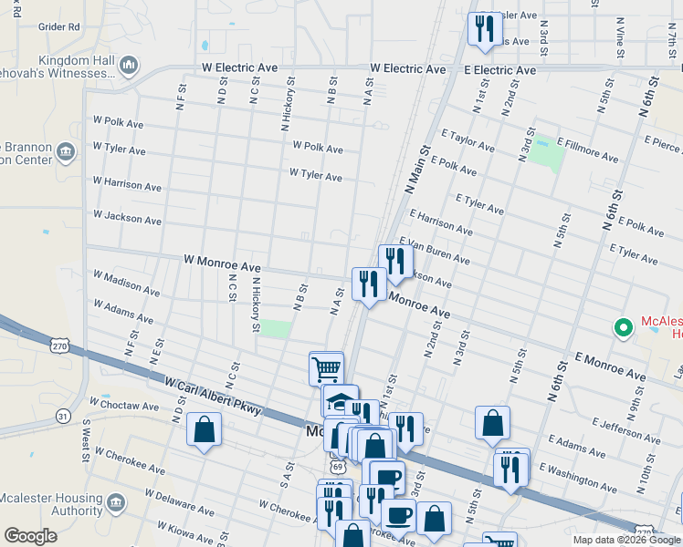 map of restaurants, bars, coffee shops, grocery stores, and more near 201 West Monroe Avenue in McAlester
