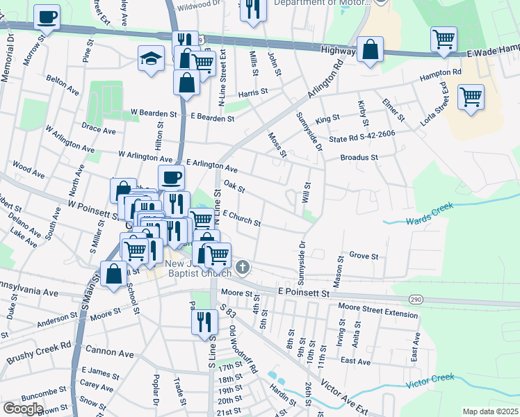 map of restaurants, bars, coffee shops, grocery stores, and more near 307 Austin Street in Greer