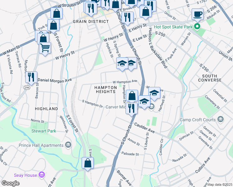 map of restaurants, bars, coffee shops, grocery stores, and more near 483 Peronneau Street in Spartanburg