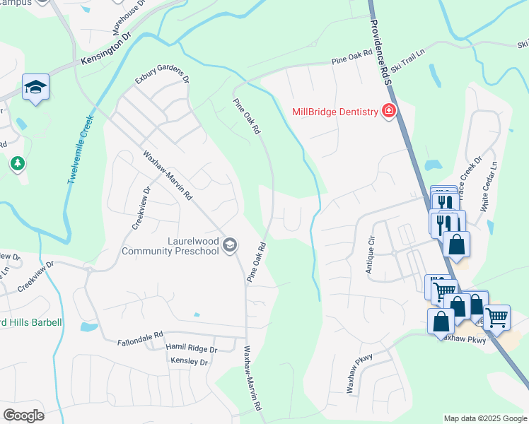 map of restaurants, bars, coffee shops, grocery stores, and more near 8216 Pine Oak Road in Waxhaw