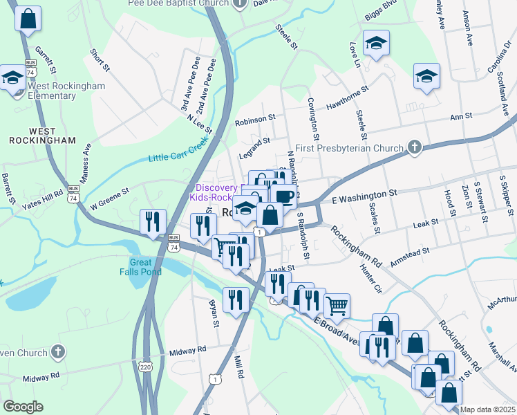 map of restaurants, bars, coffee shops, grocery stores, and more near 201 East Washington Street in Rockingham