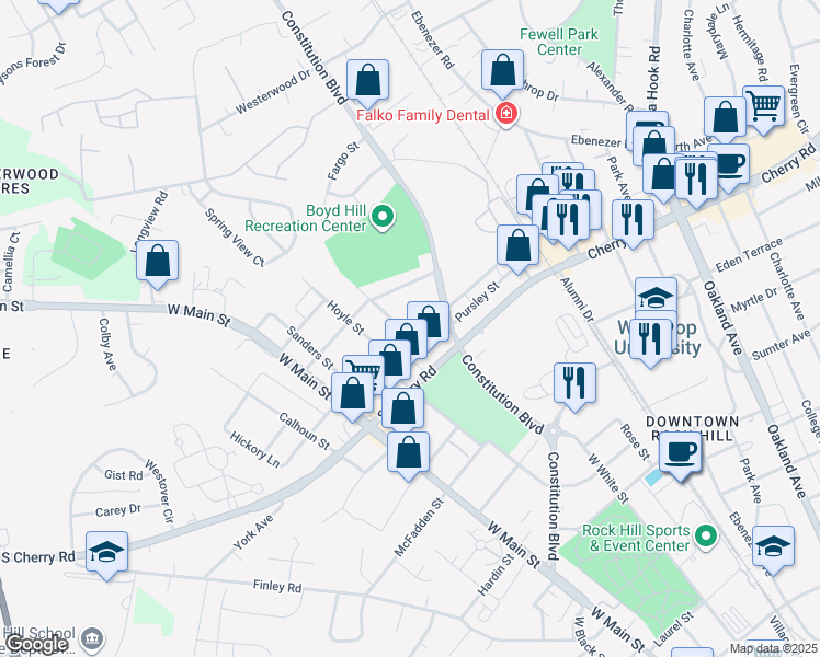 map of restaurants, bars, coffee shops, grocery stores, and more near 247 1/2 Bynum Avenue in Rock Hill