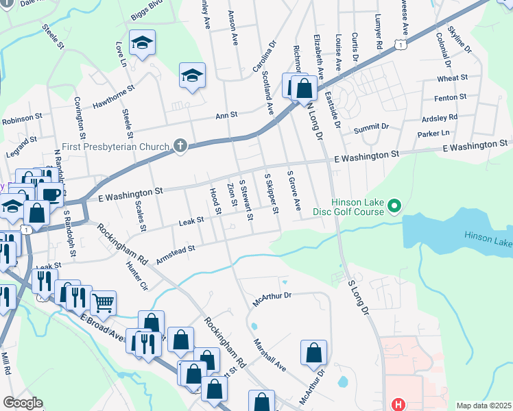 map of restaurants, bars, coffee shops, grocery stores, and more near 1101 Leak Street in Rockingham
