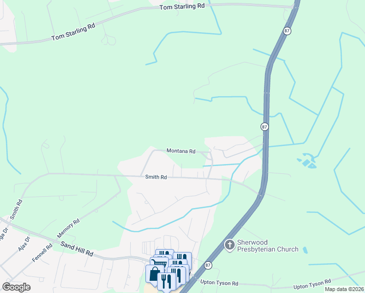 map of restaurants, bars, coffee shops, grocery stores, and more near 2149 Montana Road in Hope Mills
