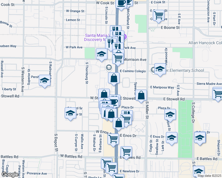 map of restaurants, bars, coffee shops, grocery stores, and more near 1121 South Broadway in Santa Maria