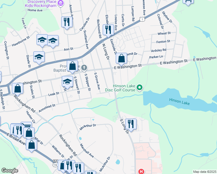 map of restaurants, bars, coffee shops, grocery stores, and more near 215 South Brookwood Avenue in Rockingham