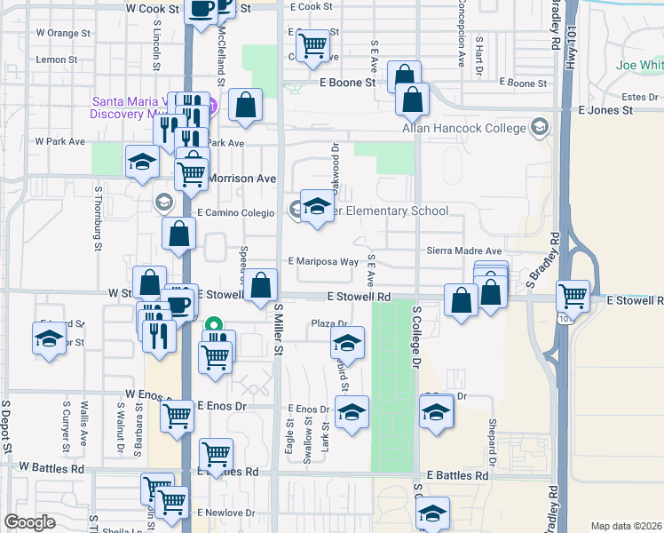 map of restaurants, bars, coffee shops, grocery stores, and more near 538 East Mariposa Way in Santa Maria