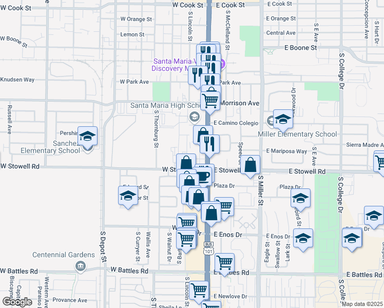 map of restaurants, bars, coffee shops, grocery stores, and more near 125 Liberty Street in Santa Maria