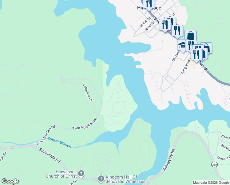 map of restaurants, bars, coffee shops, grocery stores, and more near 72 Windjammer Court in Hiawassee