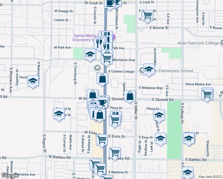 map of restaurants, bars, coffee shops, grocery stores, and more near 120 Palm Court Drive in Santa Maria
