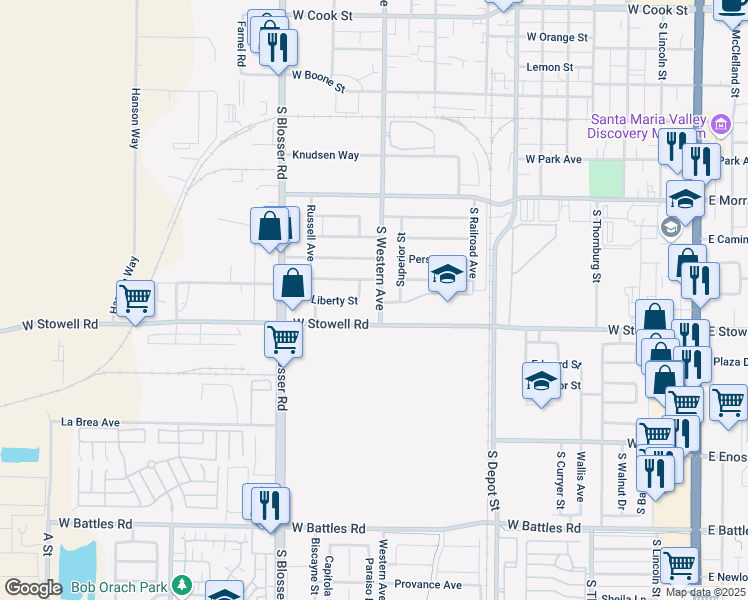 map of restaurants, bars, coffee shops, grocery stores, and more near 1139 South Western Avenue in Santa Maria