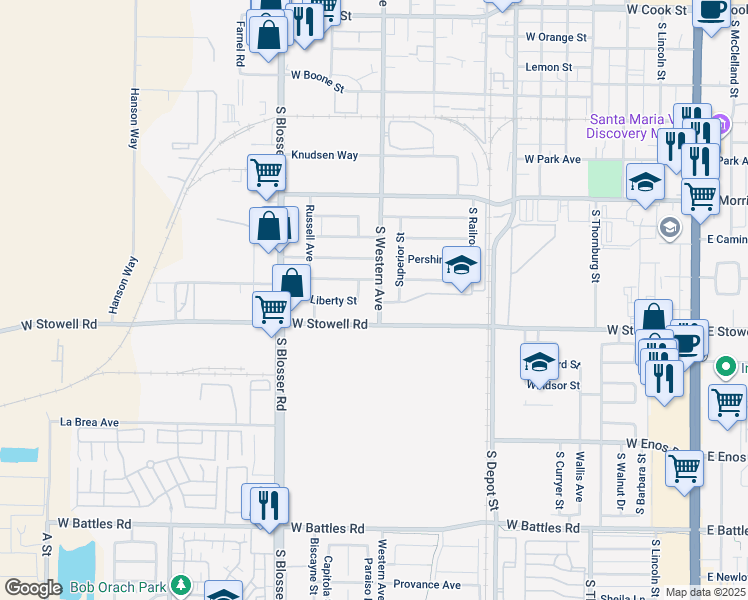 map of restaurants, bars, coffee shops, grocery stores, and more near 1139 South Western Avenue in Santa Maria