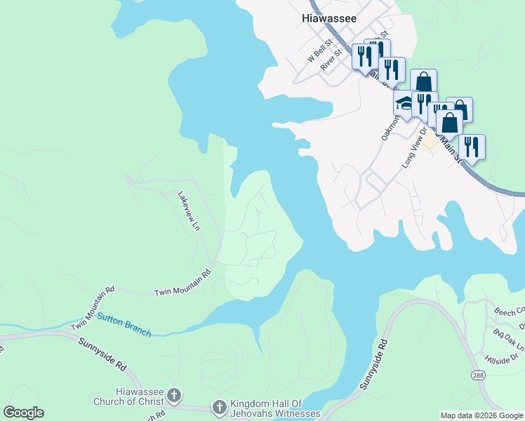 map of restaurants, bars, coffee shops, grocery stores, and more near 72 Windjammer Court in Hiawassee