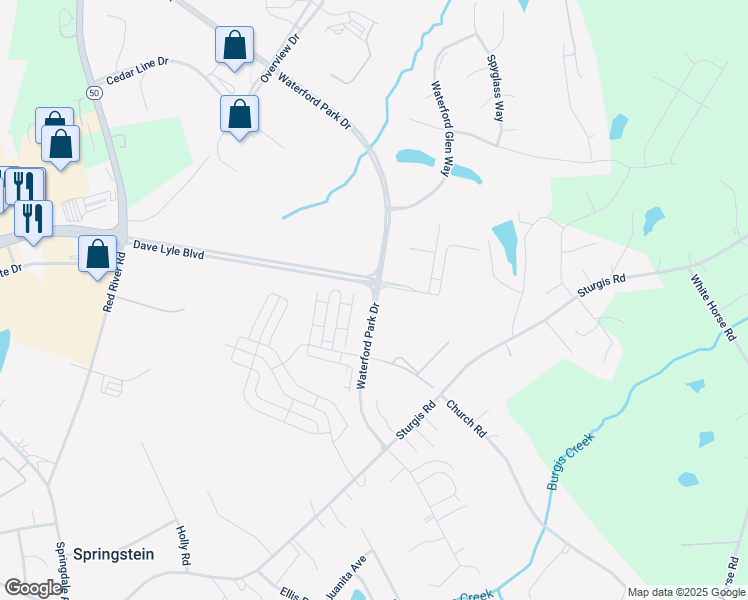 map of restaurants, bars, coffee shops, grocery stores, and more near 117 Waterford Park Drive in Rock Hill