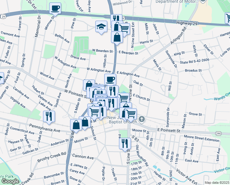 map of restaurants, bars, coffee shops, grocery stores, and more near 200 Cannon Street in Greer
