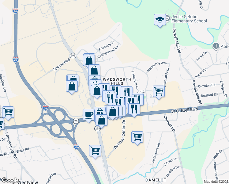 map of restaurants, bars, coffee shops, grocery stores, and more near 205 Quartermaster Road in Spartanburg