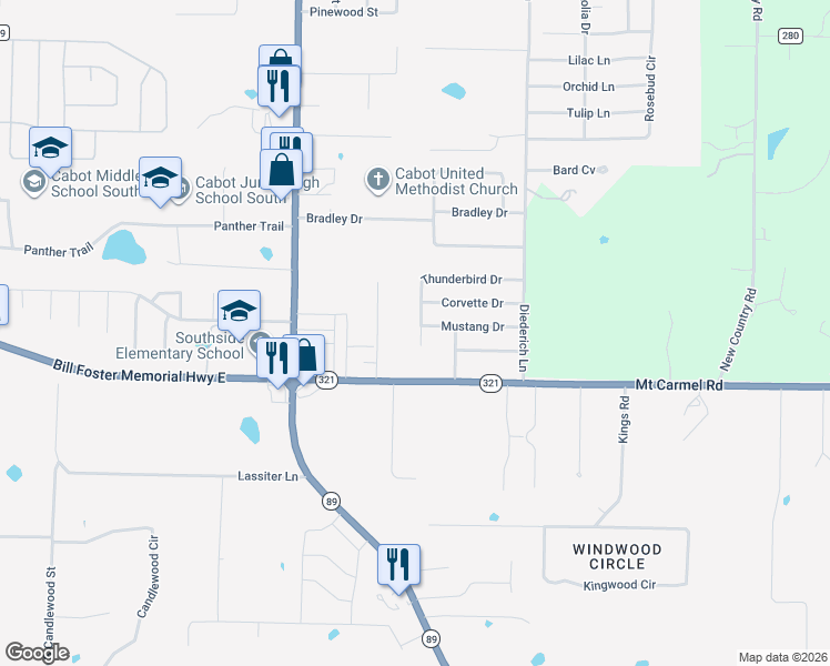 map of restaurants, bars, coffee shops, grocery stores, and more near 56 Thunderbird Drive in Cabot