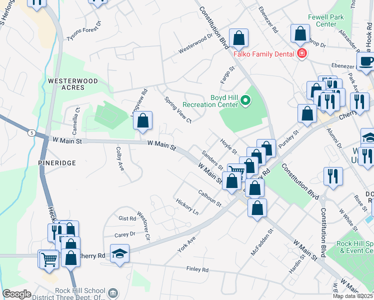 map of restaurants, bars, coffee shops, grocery stores, and more near 350 Haigler Street in Rock Hill