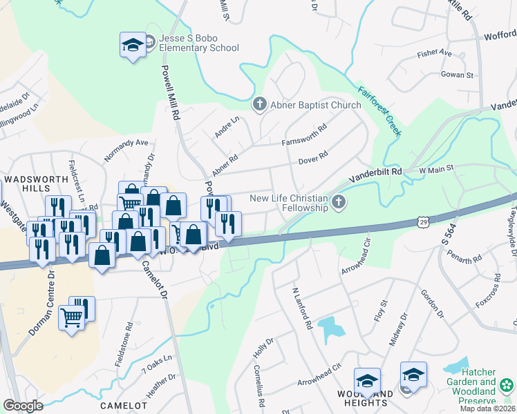 map of restaurants, bars, coffee shops, grocery stores, and more near 115 Bedford Rd in Spartanburg