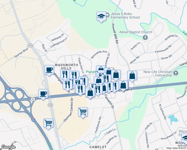 map of restaurants, bars, coffee shops, grocery stores, and more near 1480 W. O. Ezell Boulevard in Spartanburg