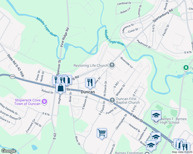 map of restaurants, bars, coffee shops, grocery stores, and more near 110 North Moore Street in Duncan