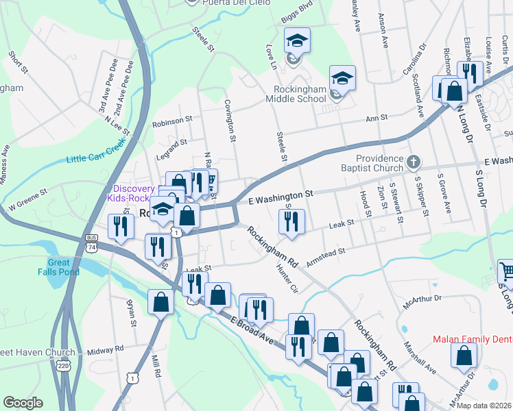 map of restaurants, bars, coffee shops, grocery stores, and more near 518 E Washington St in Rockingham