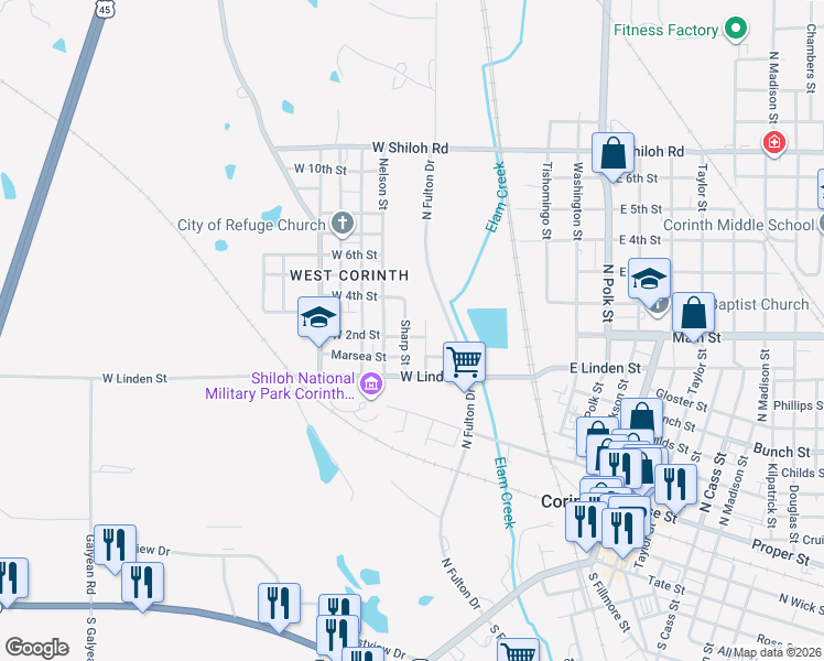 map of restaurants, bars, coffee shops, grocery stores, and more near 200-298 Sharp Street in Corinth