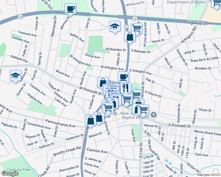 map of restaurants, bars, coffee shops, grocery stores, and more near 107 North Main Street in Greer