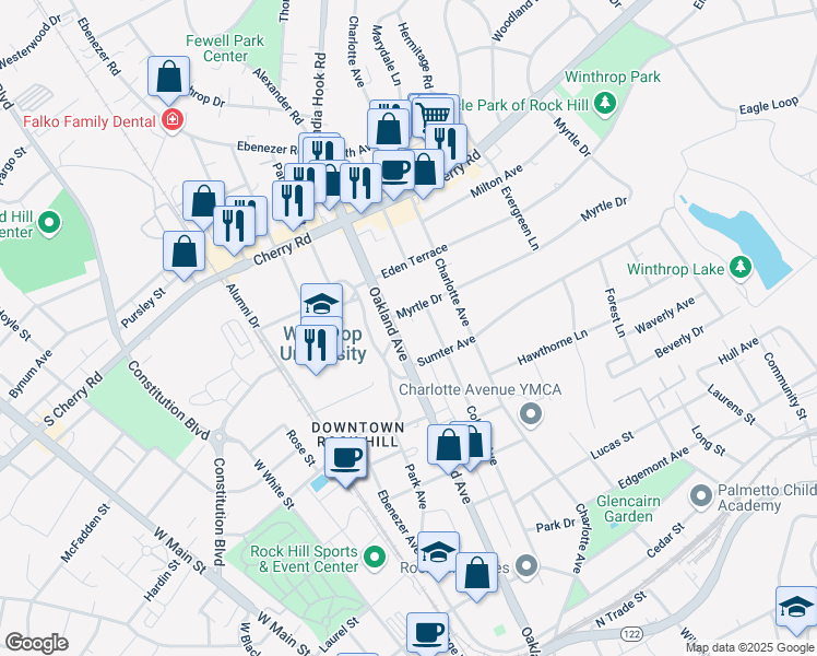 map of restaurants, bars, coffee shops, grocery stores, and more near 701 Oakland Avenue in Rock Hill