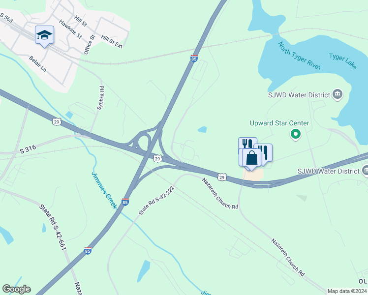map of restaurants, bars, coffee shops, grocery stores, and more near 110 New Hope Drive in Wellford