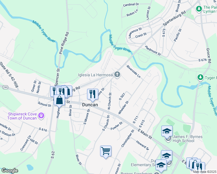 map of restaurants, bars, coffee shops, grocery stores, and more near 115 North Moore Street in Duncan