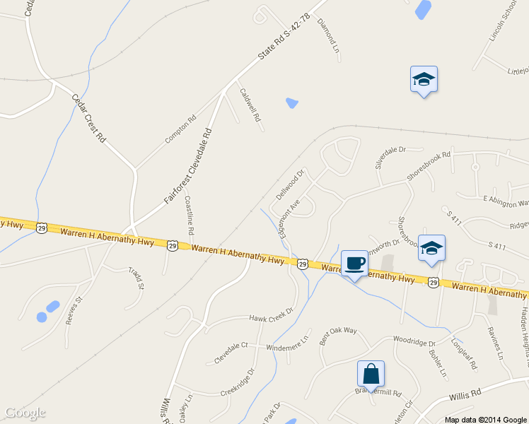 map of restaurants, bars, coffee shops, grocery stores, and more near 252 Dellwood Drive in Spartanburg