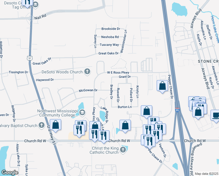 map of restaurants, bars, coffee shops, grocery stores, and more near 5437 Bradley Drive in Southaven