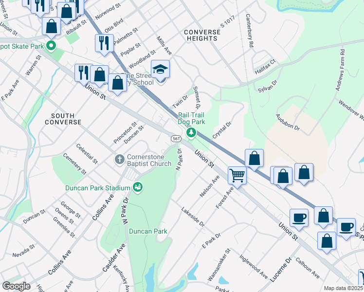 map of restaurants, bars, coffee shops, grocery stores, and more near 826 Union Street in Spartanburg