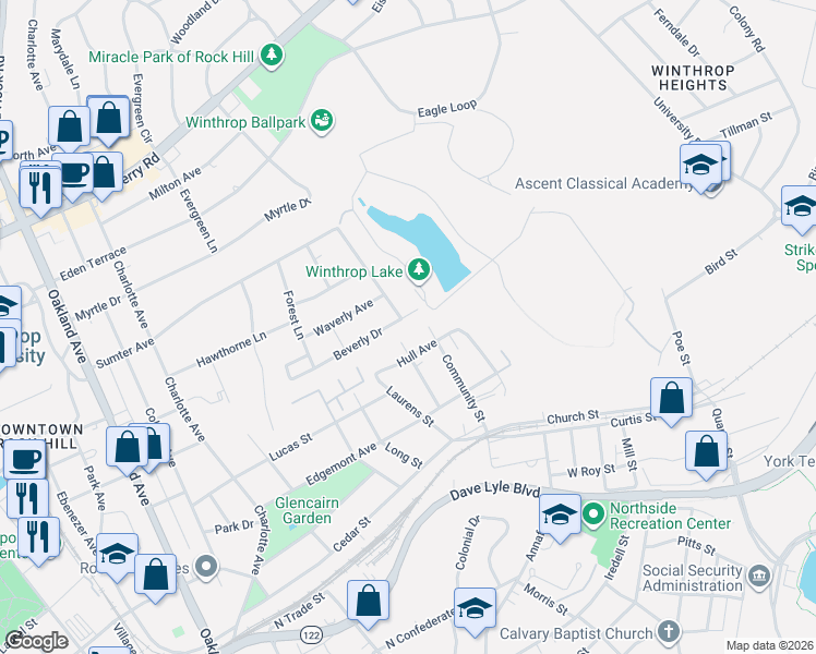 map of restaurants, bars, coffee shops, grocery stores, and more near 413 Frayser Street in Rock Hill