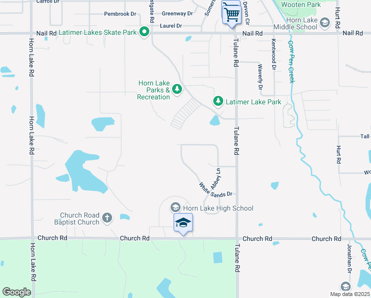 map of restaurants, bars, coffee shops, grocery stores, and more near 3402 White Sands Drive in Horn Lake