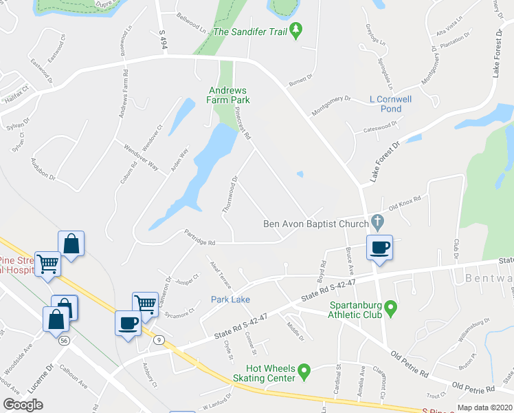 map of restaurants, bars, coffee shops, grocery stores, and more near 1530 Barberry Lane in Spartanburg
