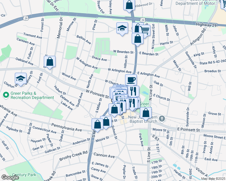 map of restaurants, bars, coffee shops, grocery stores, and more near 107 North Main Street in Greer