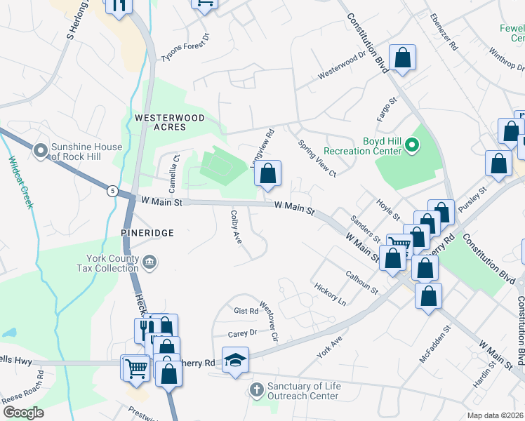 map of restaurants, bars, coffee shops, grocery stores, and more near 1274 Asbury Court in Rock Hill