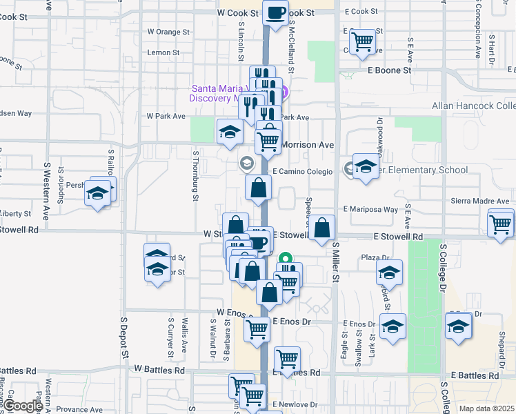 map of restaurants, bars, coffee shops, grocery stores, and more near 1121 South Broadway in Santa Maria